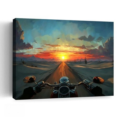 Motorcycle art sunset, desert road, vibrant sky for home wall decor posters