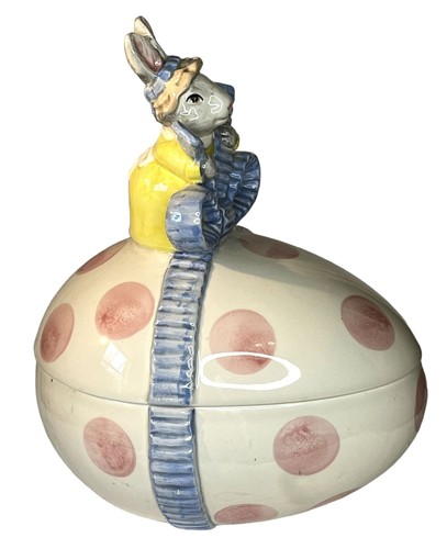 Fitz & Floyd Easter Bunny On Top Pink Polka Dot Egg Treat Holder 1990 Vintage - Picture 3 of 12
