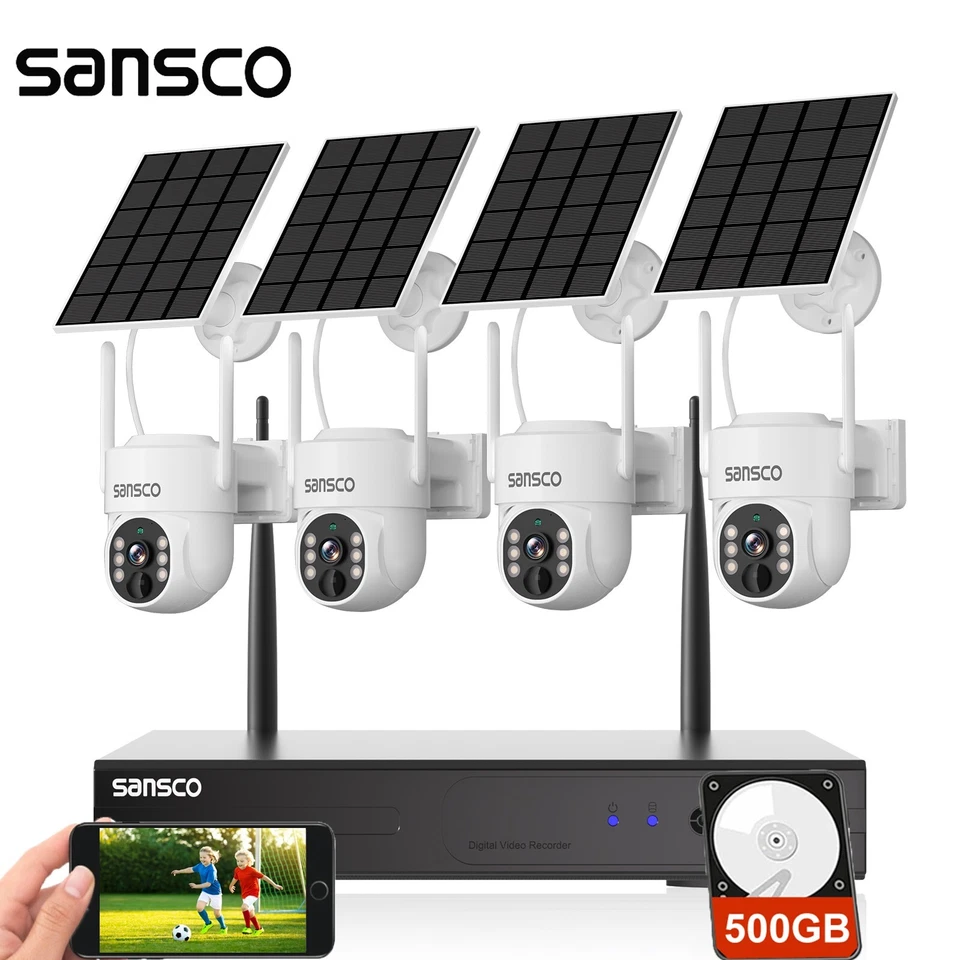SANSCO 8CH Wireless Solar Powered CCTV Security System Kit 4MP WiFi Audio PTZ Camera