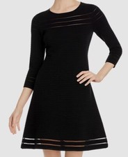 $138 T Tahari Women's Black Sheer Striped Fit & Flare Sweater Dress Size XS