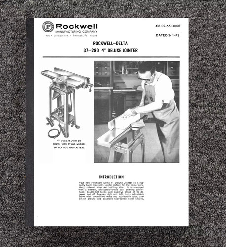 Instruction Maint & Parts Manual 1972 Rockwell 37-290 4 inch Deluxe Jointer