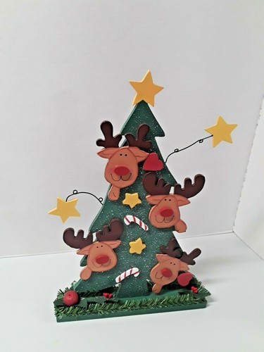 Wood Christmas Tree Reindeer Candy Canes Center Piece Country Green - Picture 2 of 5