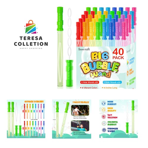 40 Pack 14’’ Big Bubble Wands, 8 Colors Mix Bulk for Summer Toy, Outdoor/Indo...