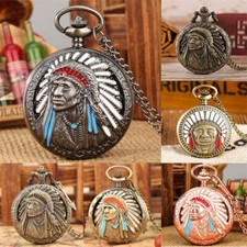 Old Fashion Indian Man Design Retro Quartz Analog Pocket Watch Necklace Chain