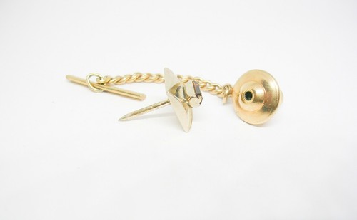 Vintage Tie Tack with chain Amber Rhinestone Tie Pin Formal Wear Wedding Jewelry - Picture 3 of 3