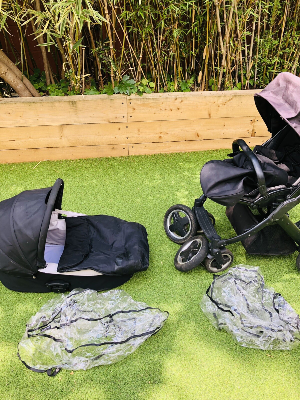 OYSTER Travel System black pushchair and carry cot pram stroller USED