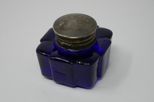 Antique Vintage Cobalt Blue Fluted Square Glass Inkwell Ink Bottle - Picture 3 of 10