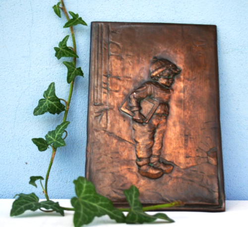 Mid Century Dutch School Boy Wall Plaque 3-D Solid Heavy Copper - Picture 1 of 15