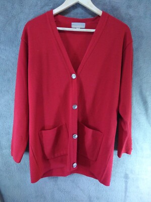 Daxon Cardigan Long Vintage Red Some Bobbling Silver Plastic Buttons UK 14 / 16