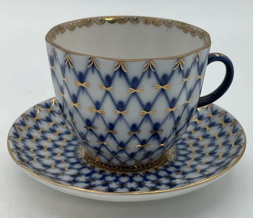 Vintage Flow Blue Lomonosov USSR Russian Demi Teacup & Saucer Set Cobalt Net