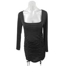 NEW Boohoo Black Long Sleeve Square Neck Ruched Mini Bodycon Dress Size 10