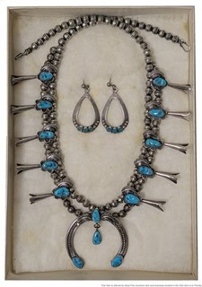 Artist Signed Kingman Turquoise Navajo Squash Blossom Earring Suite w/ Box COA
