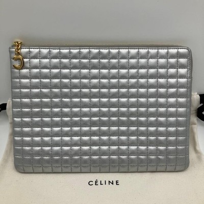 Excellent Condition CELINE Quilted Leather Clutch Bag C Charm From Japan