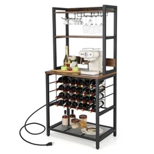 Wine Bar Cabinet w/4 Tier Storage Shelves Glass Holders Bottle Racks Industrial