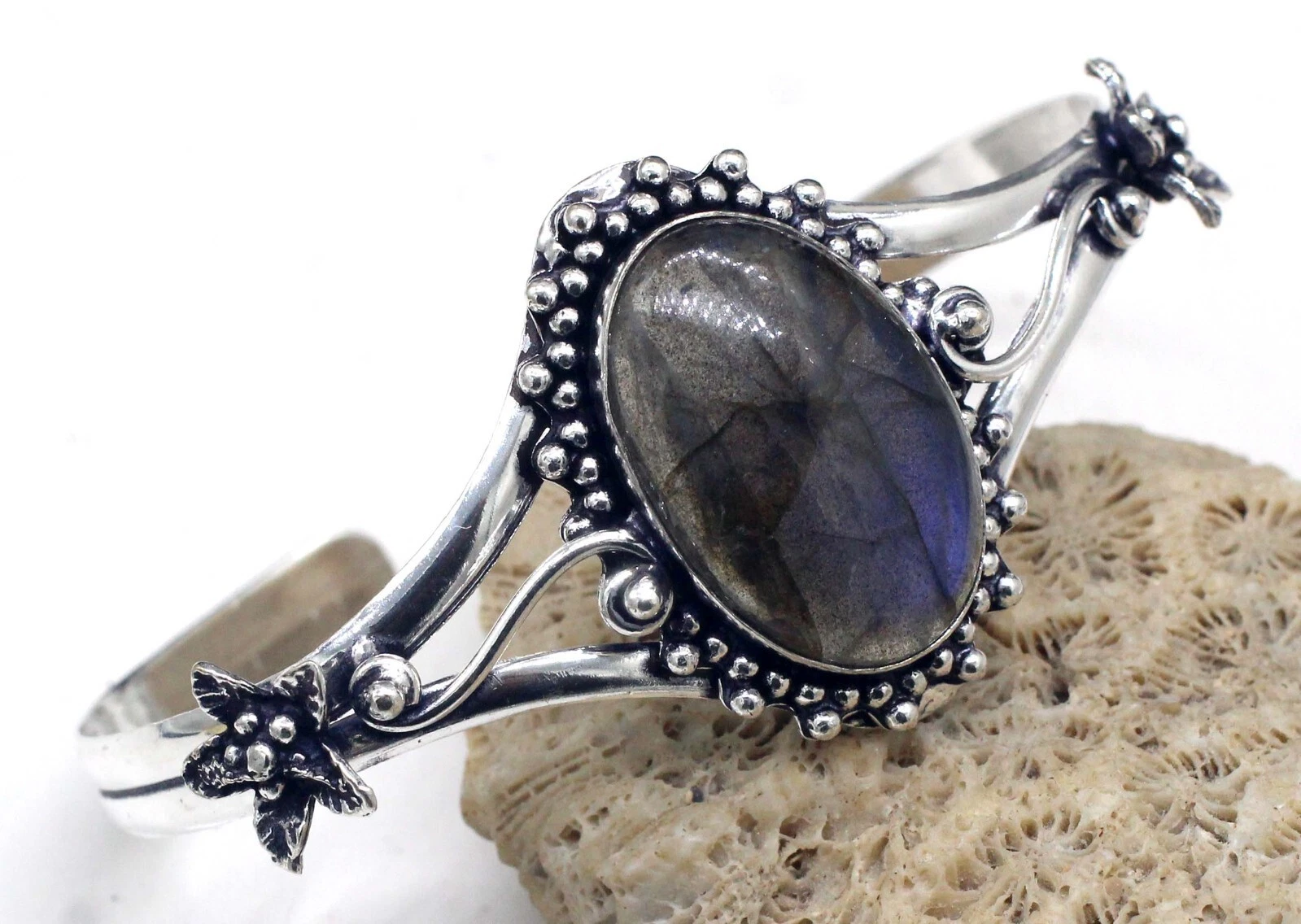 VALENTINO 925 Sterling Silver Labradorite Gemstone Handmade Jewellery Cuff Bracelet S ADJ