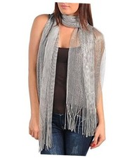 Silver Metallic Evening Shawl Wrap with Fringe Sheer Glitter Sparkle Shawl
