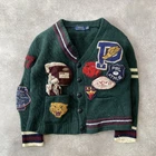 Polo Ralph Lauren Cardigan Mens Small Wool Varsity PatchWork Knit Jumper, Green