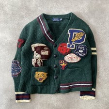 Polo Ralph Lauren Cardigan Mens Small Wool Varsity PatchWork Knit Jumper, Green