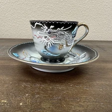 Vintage Fleetwood Small Asian Tea Cup & Saucer 3D Design Dragon Gold Trim Japan
