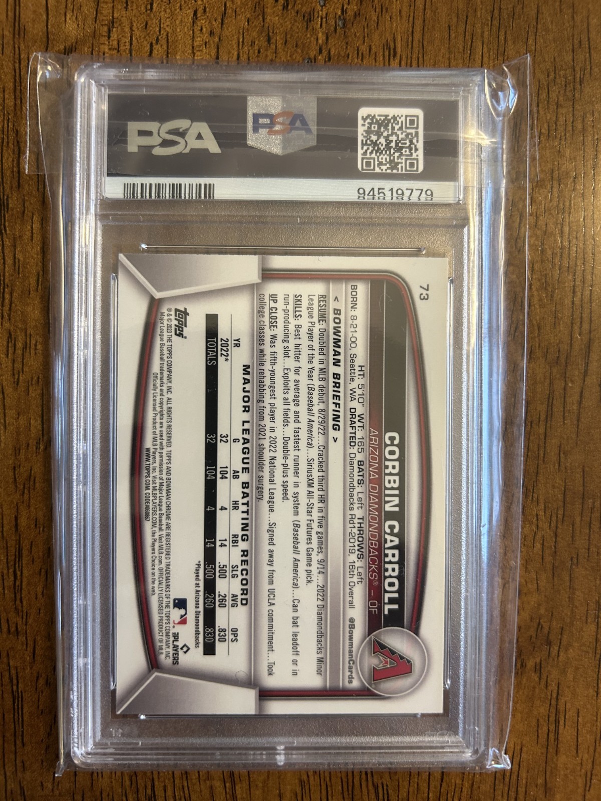 2023 Bowman Chrome Mega Box Mojo Refractor Corbin Carroll #73 RC Rookie PSA 10 view 2