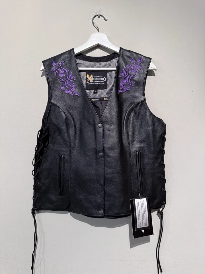 NWT Xelement Black Purple Leather Motorcycle Embroidered JACKET/VEST WOMEN L/XL - Image 2 of 4