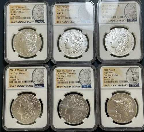 2021 Morgan & Peace Silver Dollar 6 Coin Set, First Day Of Issue, NGC MS 70