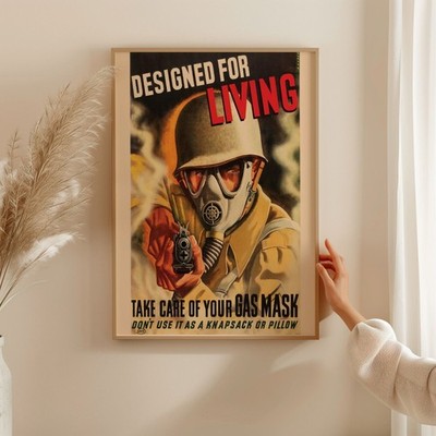 WWII 'Designed for Living' Gas Mask Safety Art Poster - 12X16
