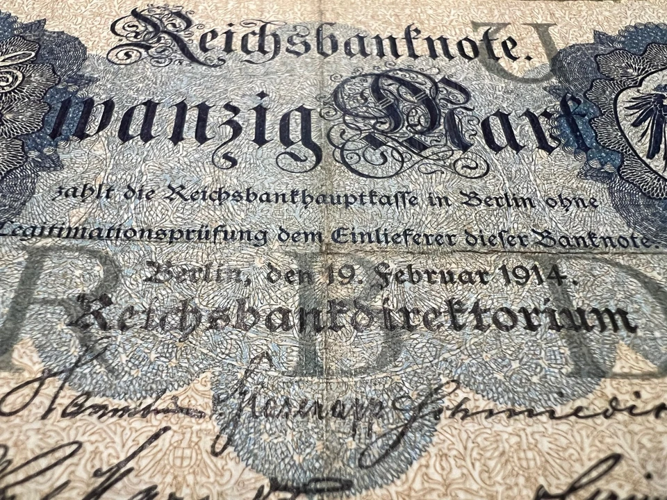 Billete alemán de 20 marcos 1914 Primera Guerra Mundial Primera Guerra Mundial Inflación militar Fascista Kaiser War Foto 4 de 4