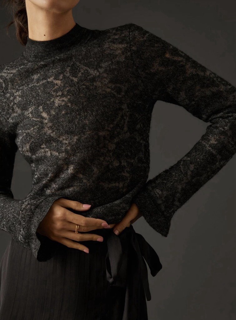 Anthropologie Hanna Lace Merino Wool Mock Neck Bell Cuff Sweater Women's Size S