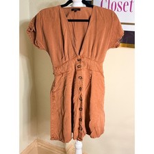 Quince Terracotta Rust Button Front V-Neck Mini Dress with Pockets XS