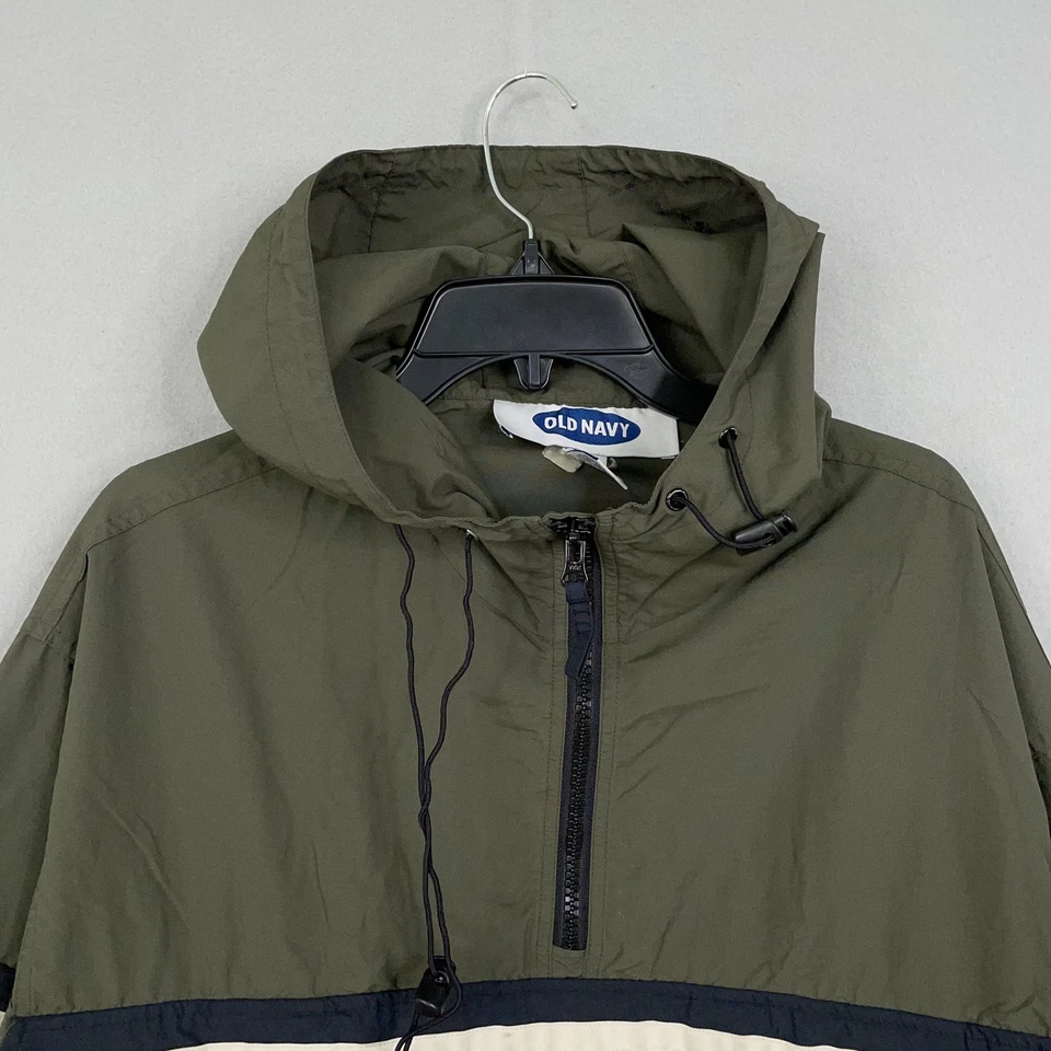 Old Navy Anorak 风衣夹克男式中号橄榄绿色连帽半拉链尼龙 — 第 2/4 张图片