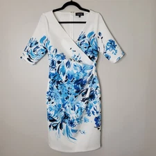 Rickie Freeman Teri John 12 White W/Blue Floral Faux Wrap Dress Scuba Sheath