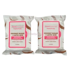 Global Beauty Care COCONUT SUGAR & LACTIC ACID Cleansing Face Wipes 2 Pack 25 Ct