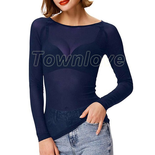 Damen transparentes Netz durchsichtig Langarm Crop Tops Freizeit T-Shirt Bluse Tee - Bild 19 von 31