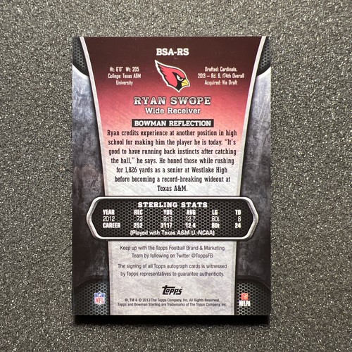 2013 Bowman Sterling RYAN SWOPE #BSA-RS Rookie AUTO - ARIZONA CARDINALS - Picture 4 of 4