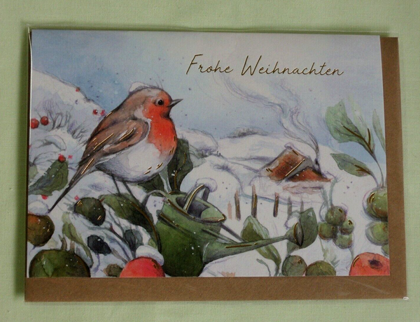1X Frohe Weihnachten Rotkehlchen Sophia Drescher Klappkarten Vogel Haus GießKan-image