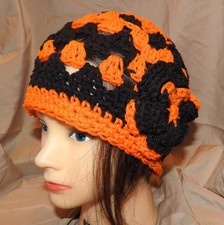 Beanie style hand crochet Woman or teen hat ORANGE BLACK Sports FALL NEW
