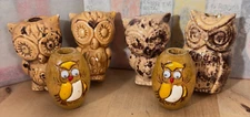 6 Vintage Macrame Beads, 4 Spotted Ceramic and 2 Wood Owls, Brown, 3"