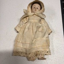 Vintage 8 Inch Porcelain Doll in Dress and Hood Chest Head Hands Legs