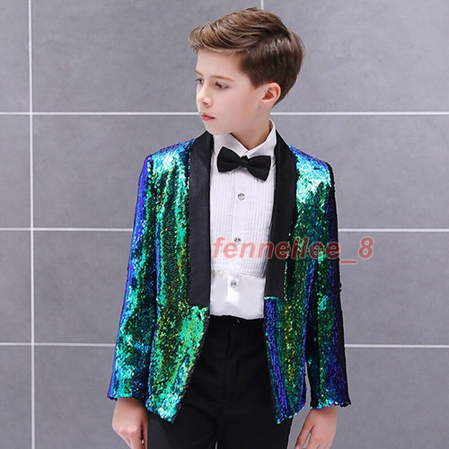 Boys Kids Children Reversible Two Tone Glitter Sequin Suit Jacket Blazer Outwear - Picture 5 of 20