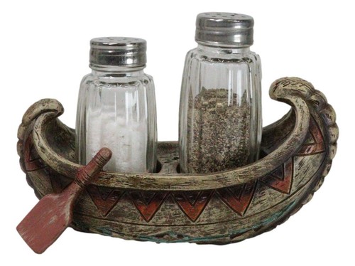 Southwestern Native Tribal Indian Canoe Boat Salt And Pepper Shakers Holder Set - 第 4/9 張圖片