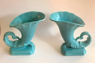 Vintage Pair of California Pottery 3526 Cornucopia Horn of Plenty Turquoise