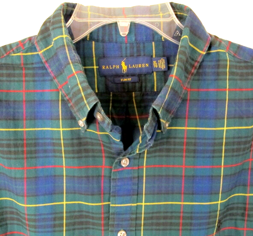 Ralph Lauren Slim Fit Long Sleeve Button Down Shirt Men's XL Blue Green Plaid - Picture 2 of 8