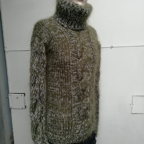 Knit Hand Cable Mohair Men's Turtleneck Green Melange Handmade Hairy Ski Sweater - Picture 3 of 12