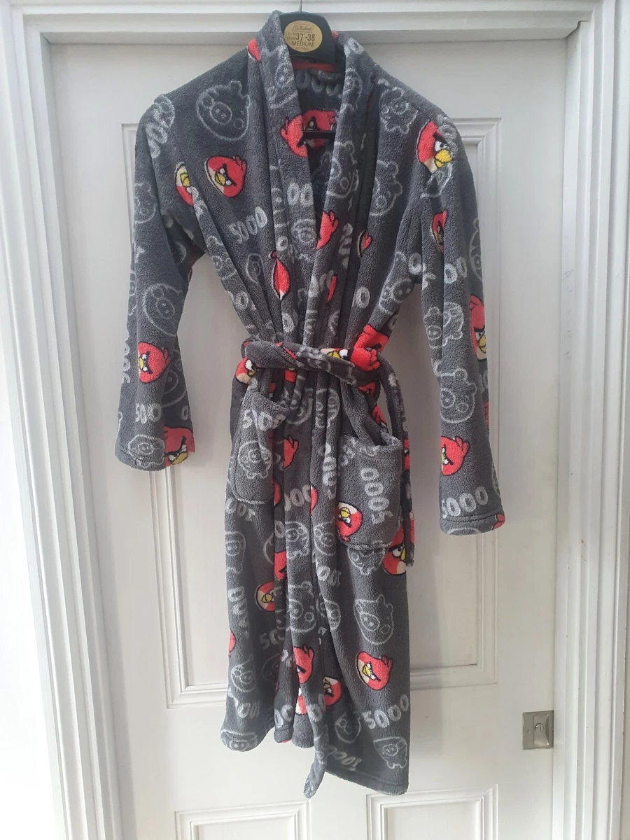 M S Boys Dressing Gown bath robe 11 12 yrs Angry birds grey tie string pockets