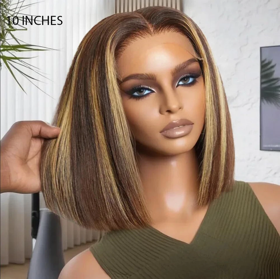 Peluca frontal de encaje rubia miel destacada cabello humano ombre 4/27 encaje frontal bob peluca Foto 2 de 4