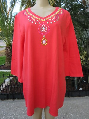 Diane Gilman Embellished V-Neck Tunic DG2 Red XL 3/4 Sleeve Boho Bling