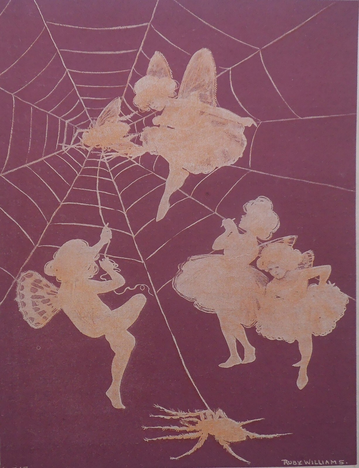 ANTIGUO ESTAMPADO INFANTIL 1922 - HADAS EN TELA DE ARAÑA - SILUETA - HADA - MATE