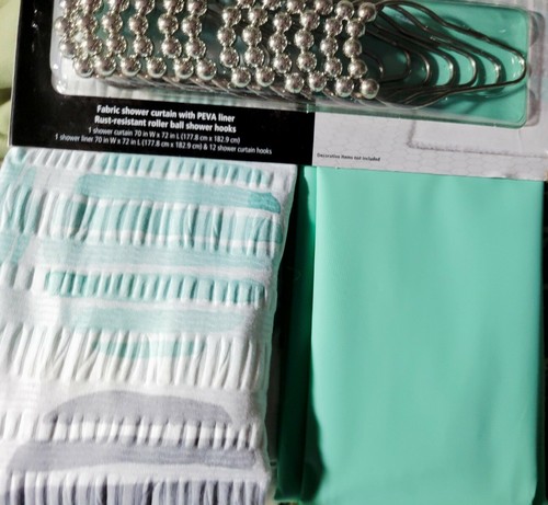 14 pc. Set Variated Polyester Shower Curtain & Liner 12 Hooks Grey & Lt. Green - Picture 6 of 6