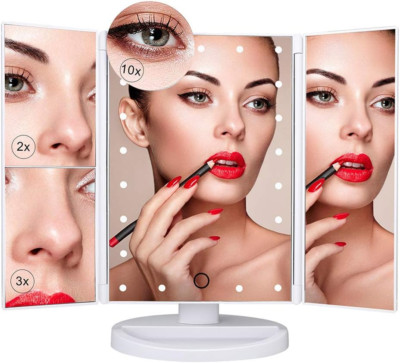 Tri-Fold LED Schminkspiegel | Touch Dimmbares Licht | 2X 3X Vergrößerungsspiegel